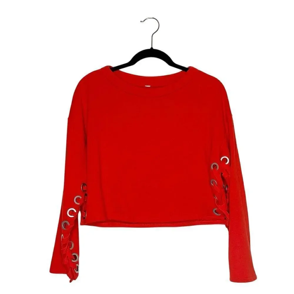 Alo Suspension Pullover Lace Up Crop Sweater Women's Red Size Large